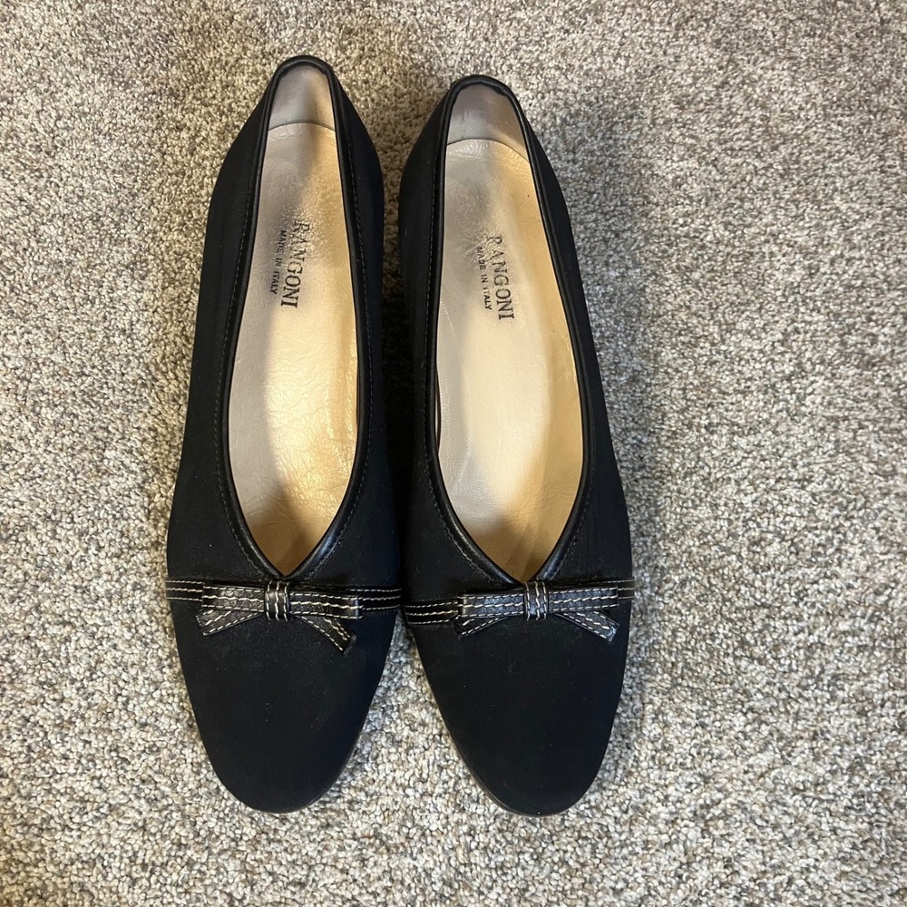 Rangoni‎ Black Fabric Leather Bow Block Heel Pumps Made in Italy Womens Size 7 B